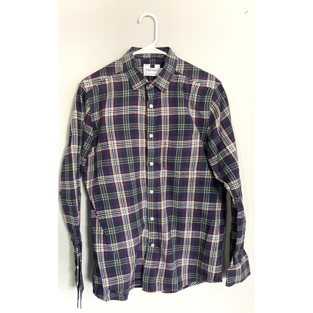 Topman Shirt Mens L Purple Plaid Flannel Long Sleeve Button Front Casual EUC